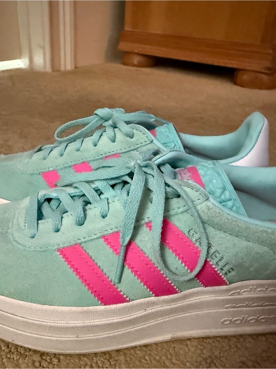 adidas Shoes - adidas Gazelle Platform Sneakers - Mint Green with Hot Pink Stripes
